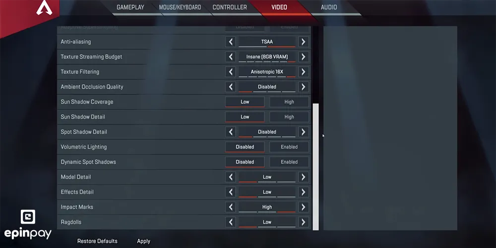 Apex legends fps arttırma ayarları